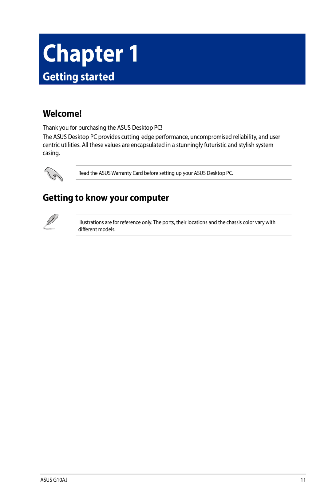 Asus G10AJ manual Welcome, Getting to know your computer 