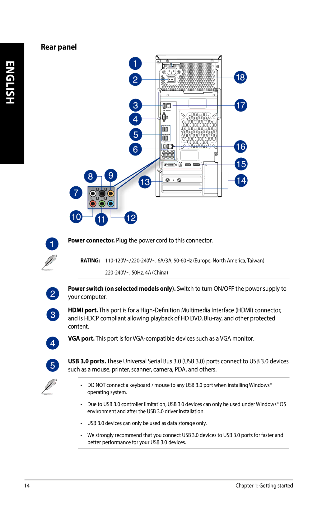 Asus G10AJ manual Rear panel, Power connector. Plug the power cord to this connector 