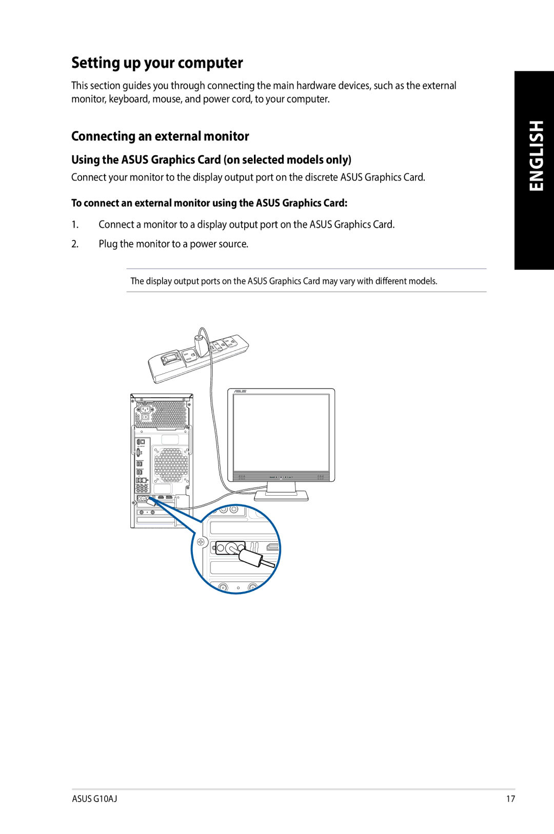 Asus G10AJ Setting up your computer, Connecting an external monitor, Using the Asus Graphics Card on selected models only 