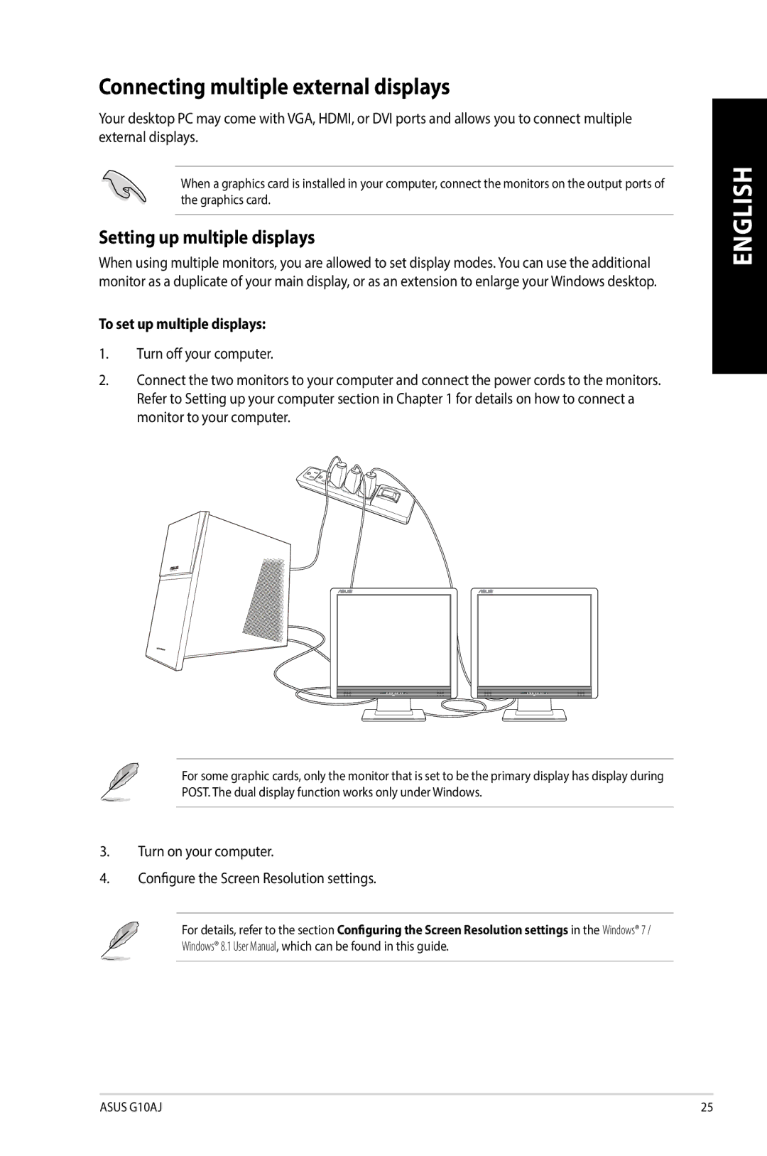 Asus G10AJ manual Connecting multiple external displays, Setting up multiple displays, To set up multiple displays 