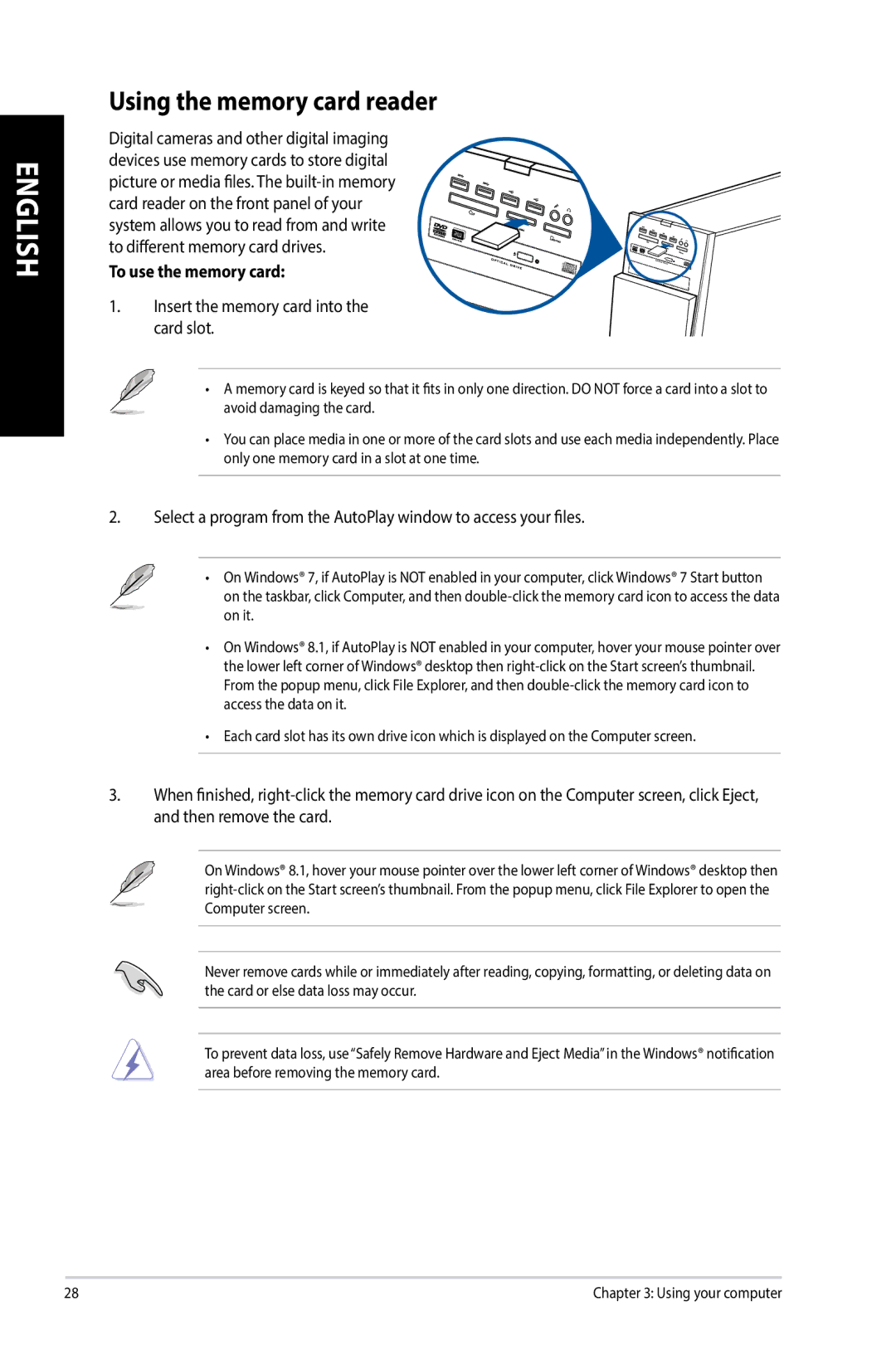 Asus G10AJ manual Using the memory card reader, To use the memory card, Insert the memory card into the card slot 