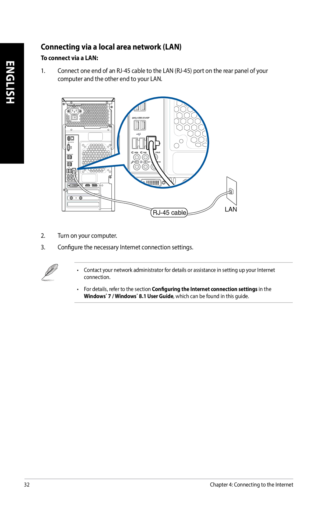 Asus G10AJ manual Connecting via a local area network LAN, To connect via a LAN 