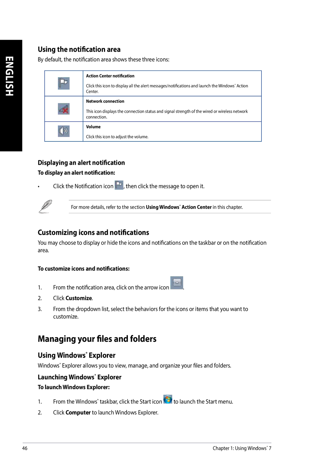 Asus G10AJ manual Managing your files and folders, Using the notification area, Customizing icons and notifications 