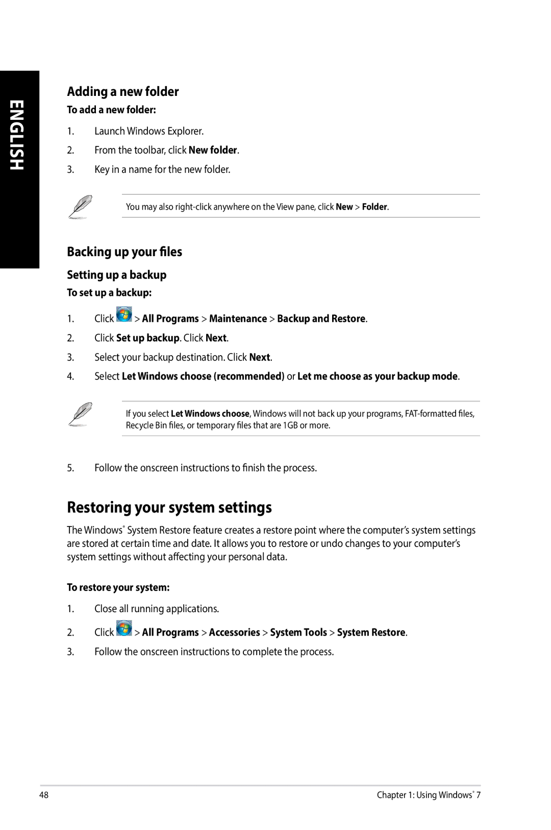 Asus G10AJ manual Restoring your system settings, Adding a new folder, Backing up your files, Setting up a backup 