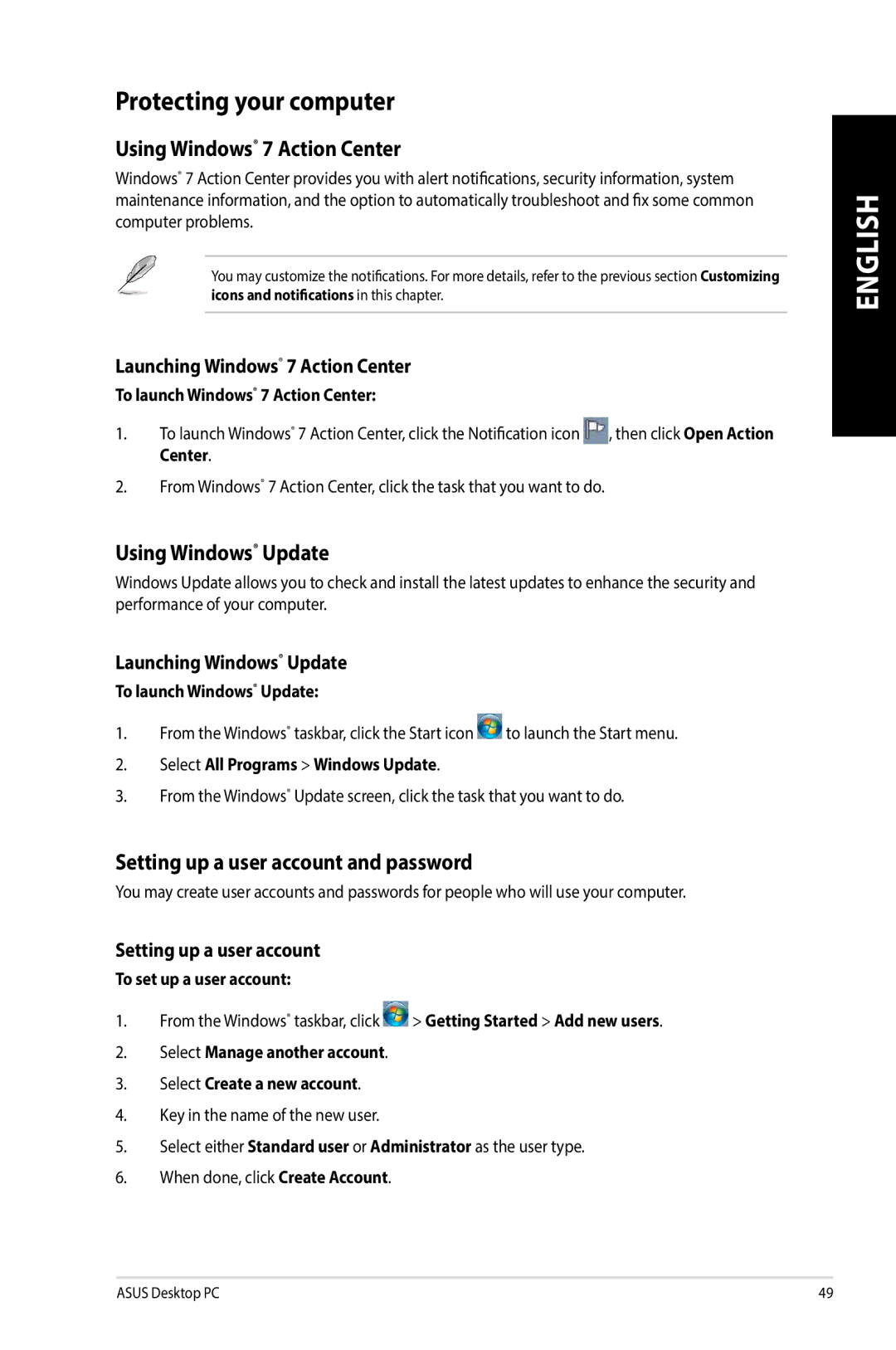 Asus G10AJ manual Protecting your computer, Using Windows 7 Action Center, Using Windows Update 