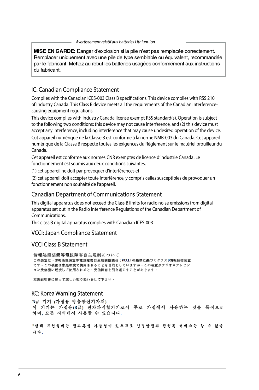 Asus G10AJ manual IC Canadian Compliance Statement 