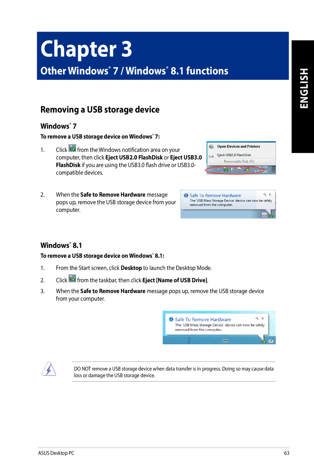 Asus G10AJ manual Removing a USB storage device, To remove a USB storage device on Windows 