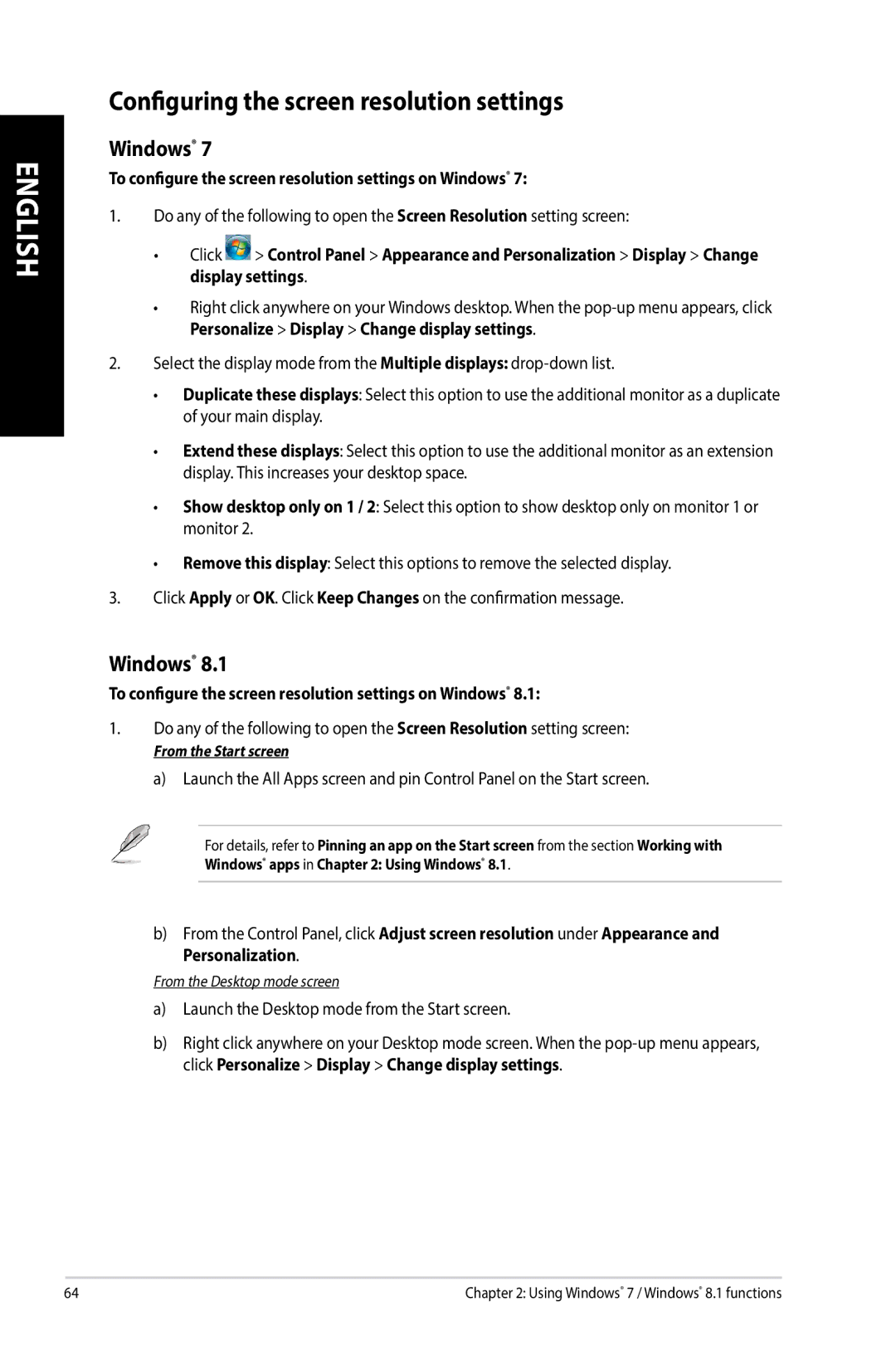 Asus G10AJ manual Configuring the screen resolution settings, To configure the screen resolution settings on Windows 