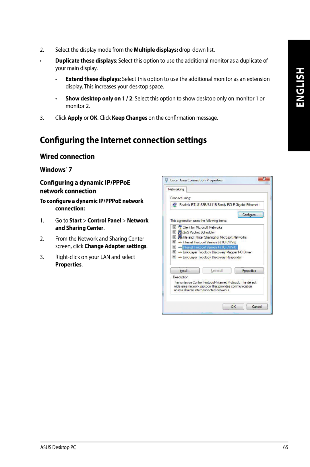 Asus G10AJ Configuring the Internet connection settings, Wired connection, Windows, Right-click on your LAN and select 