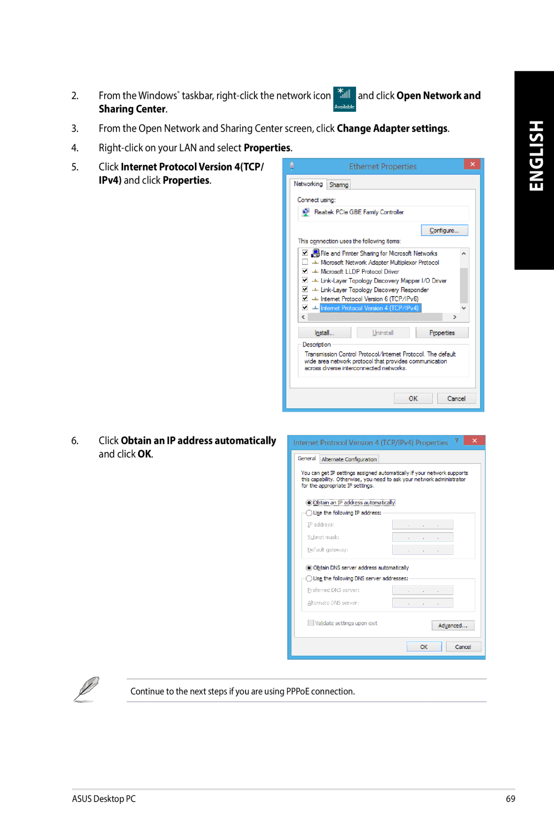 Asus G10AJ manual Sharing Center, Right-click on your LAN and select Properties 