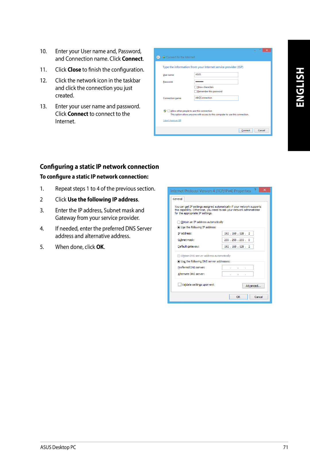 Asus G10AJ manual Configuring a static IP network connection 