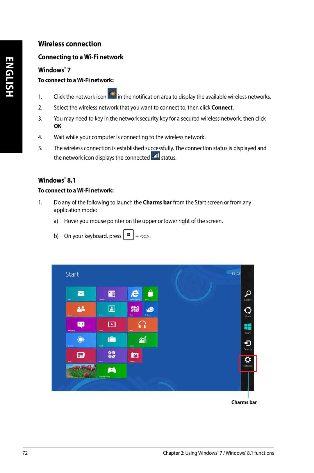 Asus G10AJ manual Wireless connection, Connecting to a Wi-Fi network Windows, To connect to a Wi-Fi network 