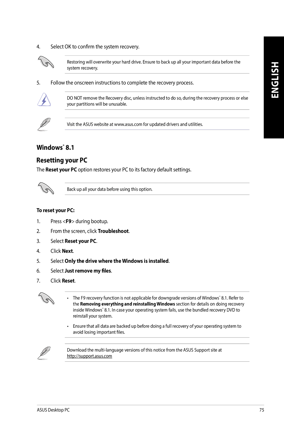 Asus G10AJ manual Windows Resetting your PC, To reset your PC, Select Reset your PC 