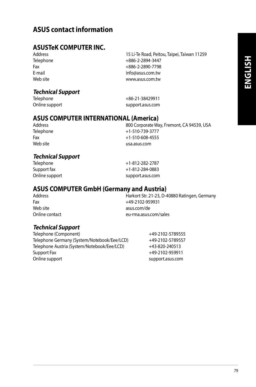 Asus G10AJ manual Asus contact information 