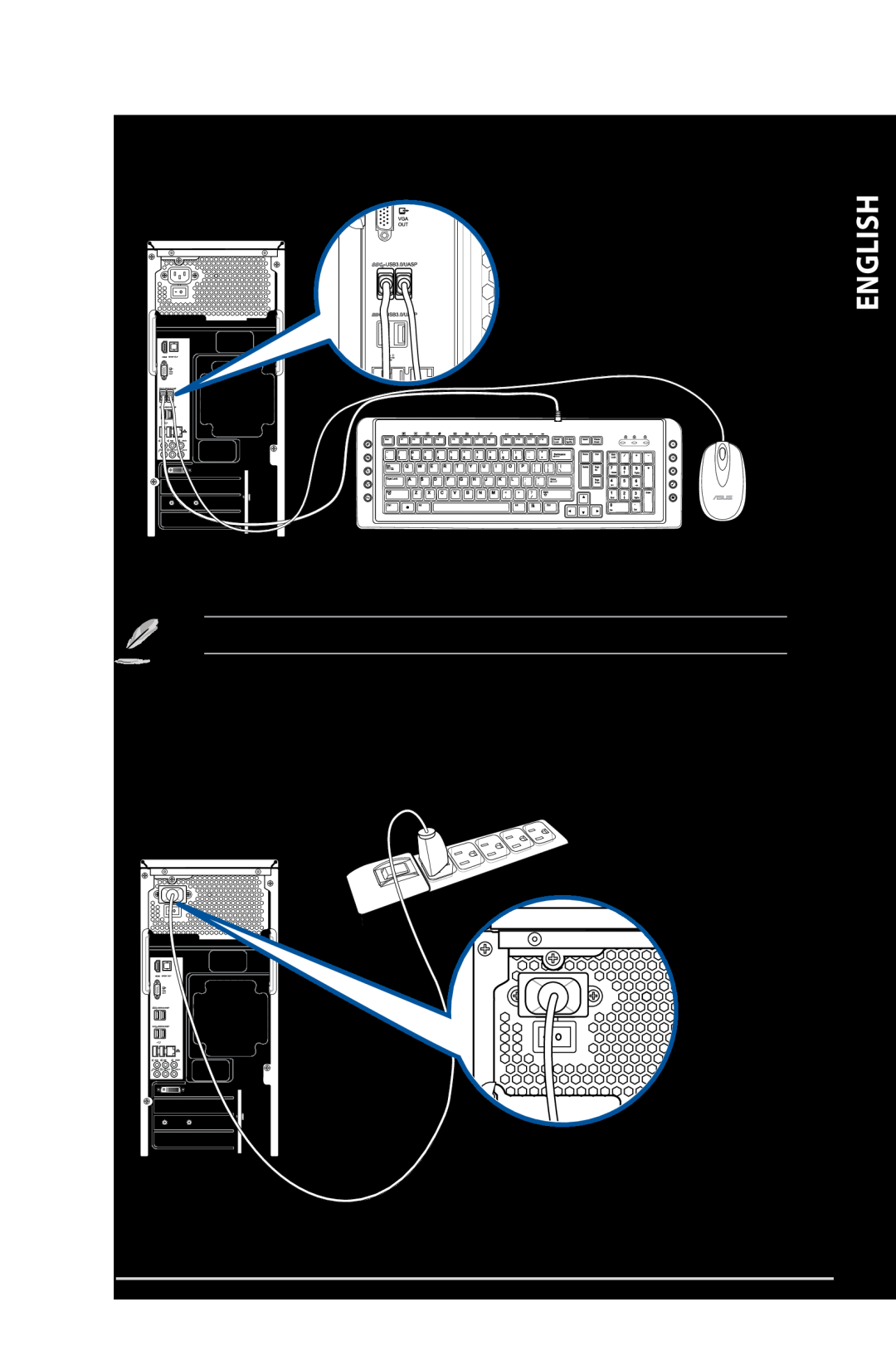 Asus G10AJ manual Connecting a USB keyboard and a USB mouse, Connecting the power cord, English 