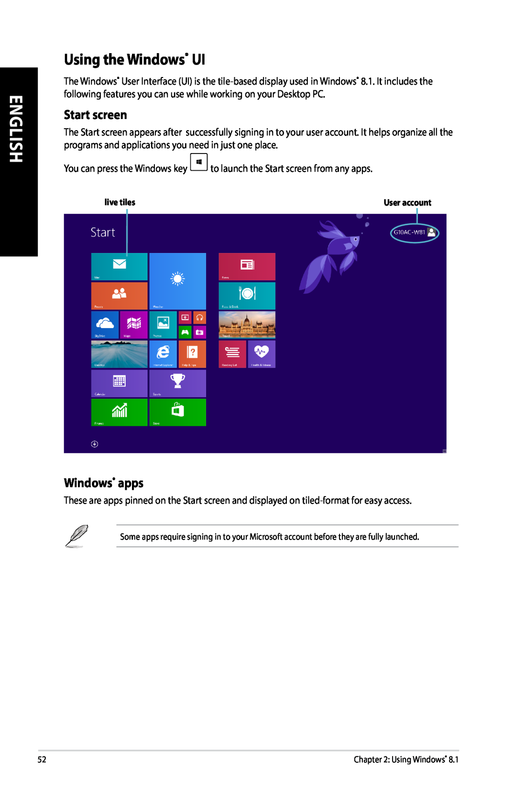 Asus G10AJ manual Using the Windows UI, Start screen, Windows apps, English 
