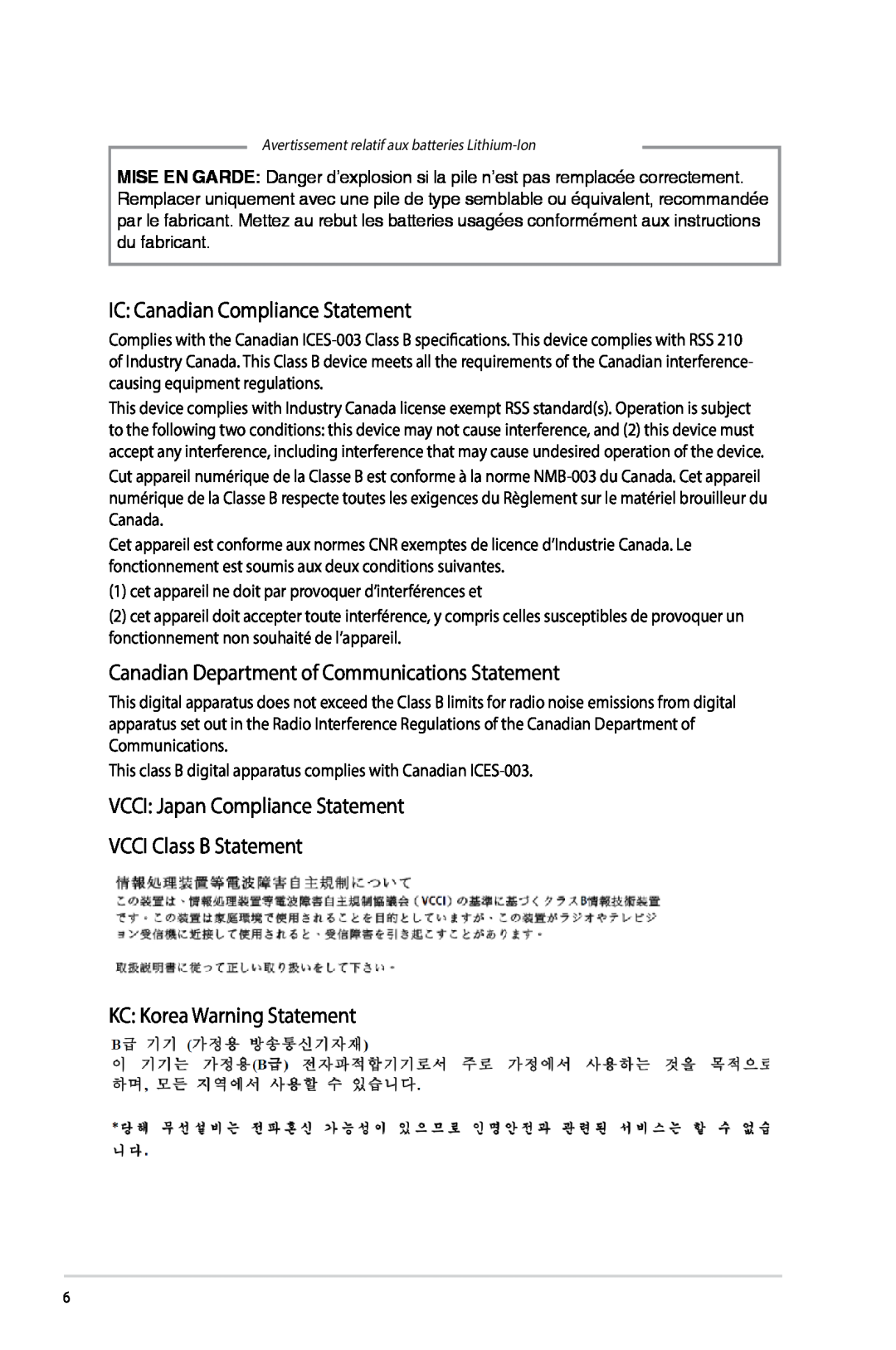 Asus G10AJ IC Canadian Compliance Statement, Canadian Department of Communications Statement, KC Korea Warning Statement 