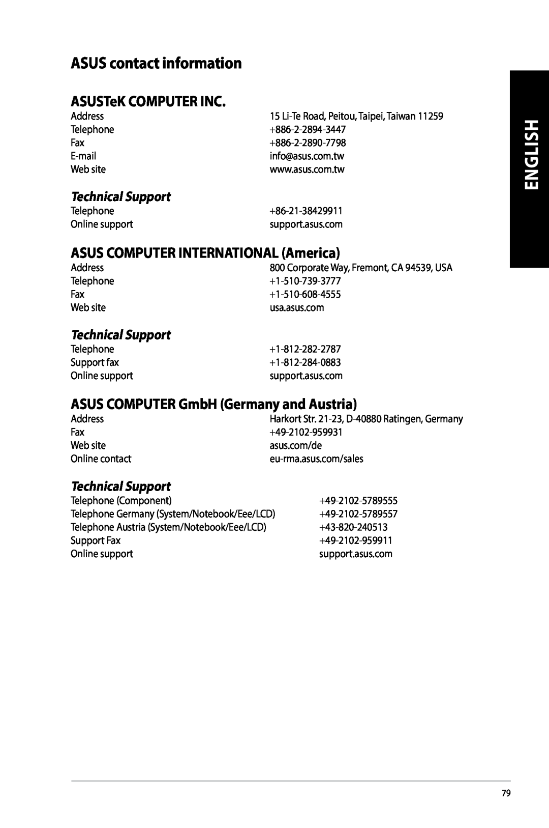 Asus G10AJ ASUS contact information, English, ASUSTeK COMPUTER INC, ASUS COMPUTER INTERNATIONAL America, Technical Support 