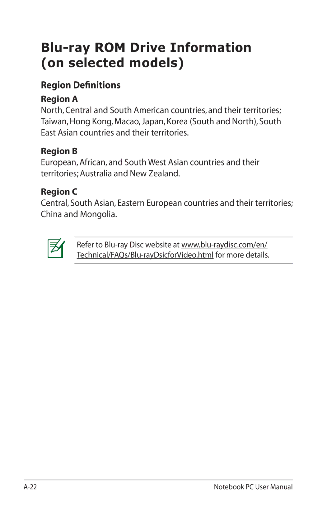 Asus G74SXDH733D user manual Region a, Region B, Region C 