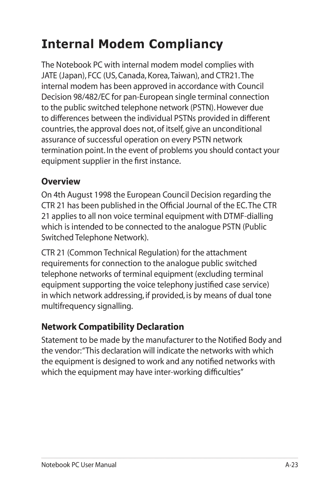 Asus G74SXDH733D user manual Internal Modem Compliancy, Overview, Network Compatibility Declaration 