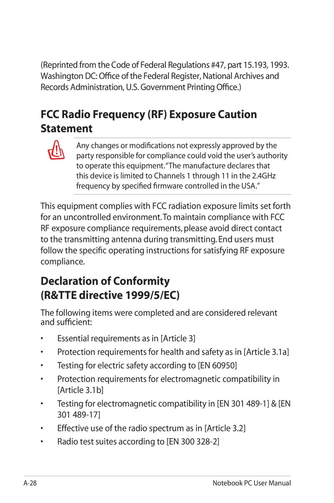 Asus G74SXDH733D FCC Radio Frequency RF Exposure Caution Statement, Declaration of Conformity R&TTE directive 1999/5/EC 