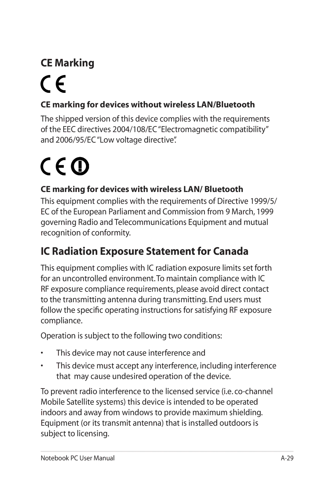 Asus G74SXDH733D user manual CE Marking, IC Radiation Exposure Statement for Canada 