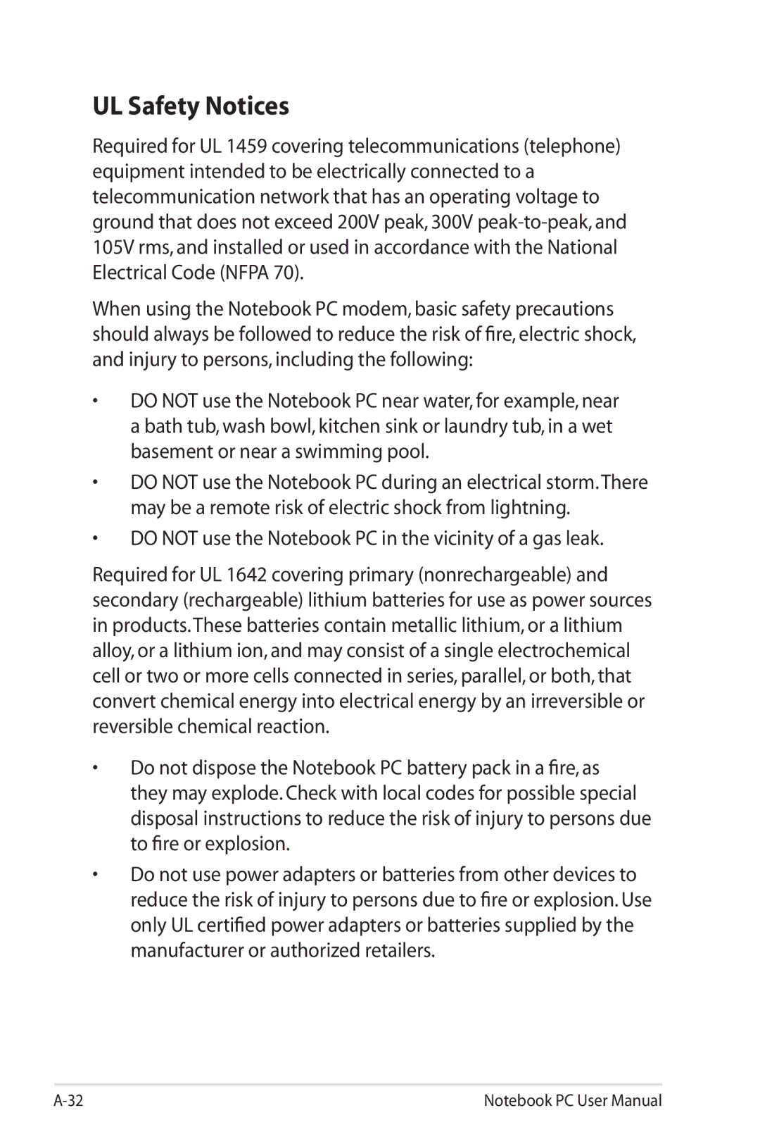 Asus G74SXDH733D user manual UL Safety Notices, Do not use the Notebook PC in the vicinity of a gas leak 