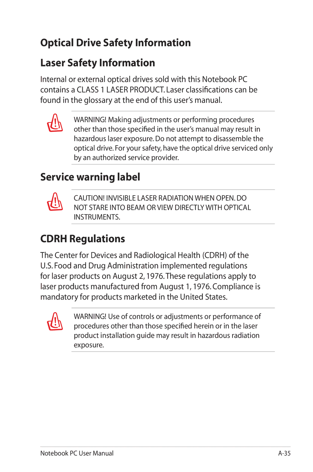 Asus G74SXDH733D Optical Drive Safety Information Laser Safety Information, Service warning label Cdrh Regulations 