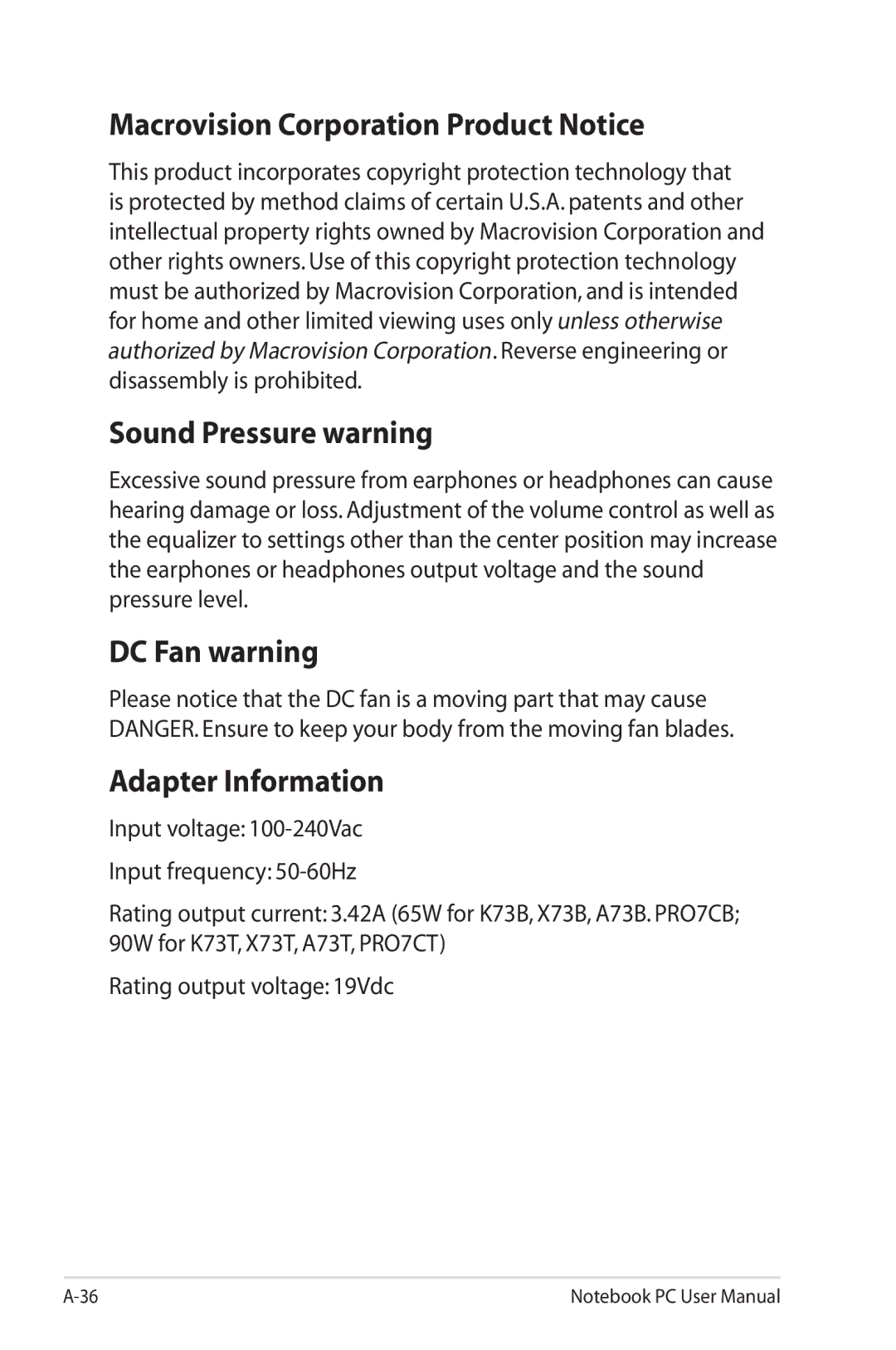 Asus G74SXDH733D Macrovision Corporation Product Notice, Sound Pressure warning, DC Fan warning, Adapter Information 