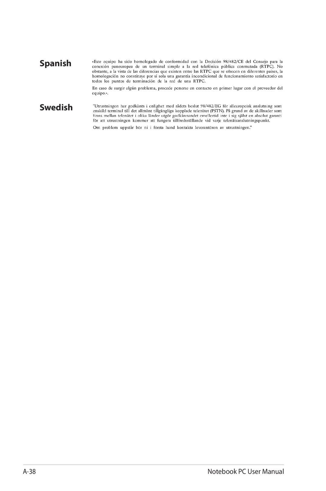 Asus G74SXDH733D user manual Spanish Swedish 