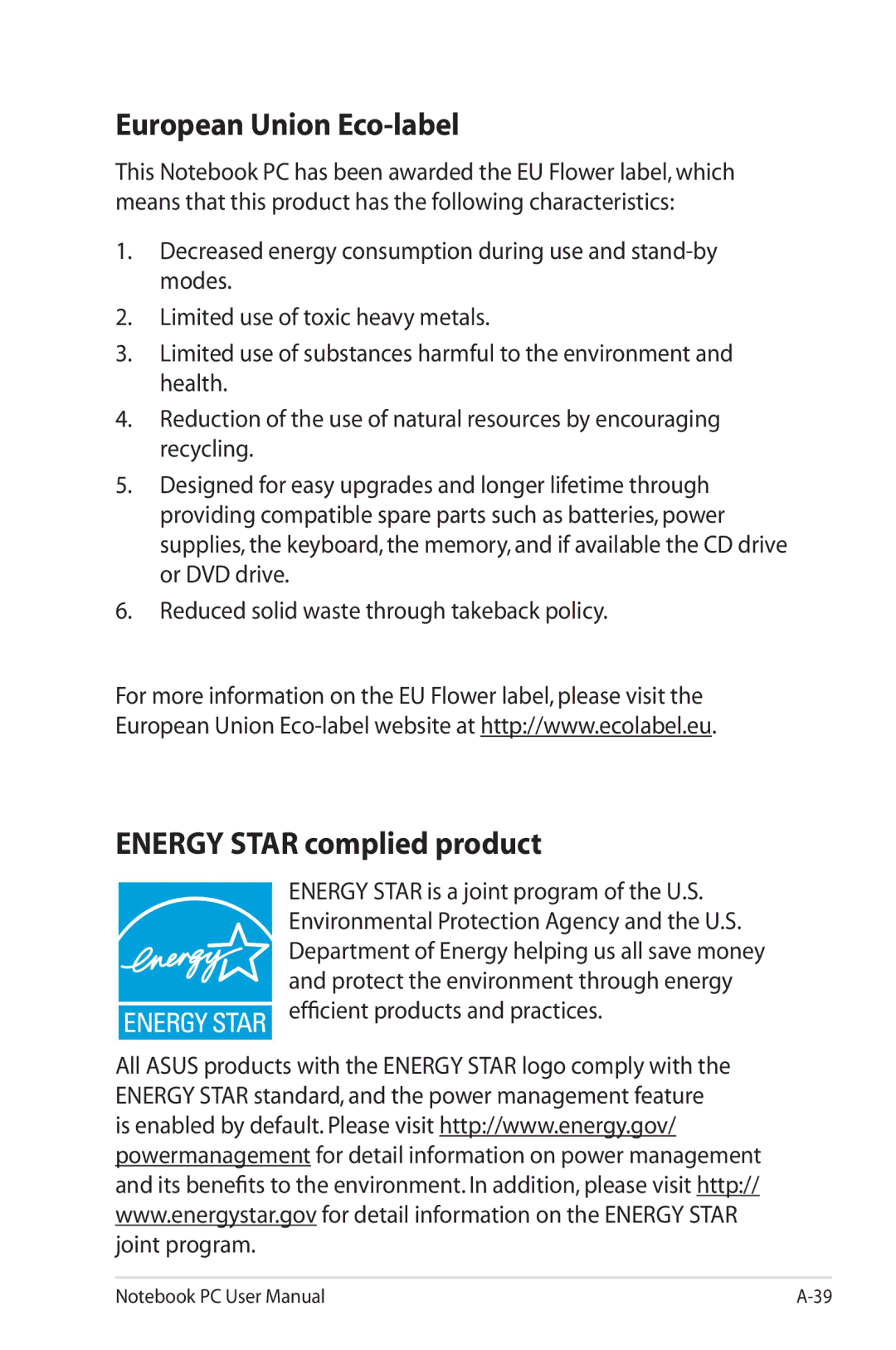 Asus G74SXDH733D user manual European Union Eco-label, Energy Star complied product 