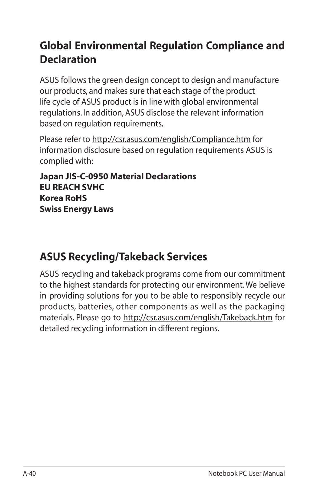 Asus G74SXDH733D user manual Global Environmental Regulation Compliance and Declaration, Asus Recycling/Takeback Services 