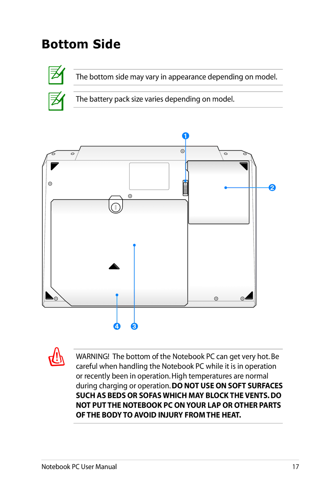 Asus G74SXDH733D user manual Bottom Side 