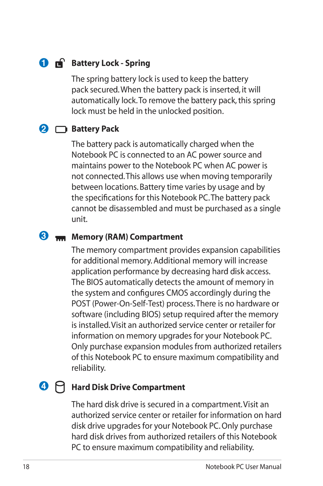 Asus G74SXDH733D user manual Battery Lock Spring, Battery Pack, Memory RAM Compartment, Hard Disk Drive Compartment 