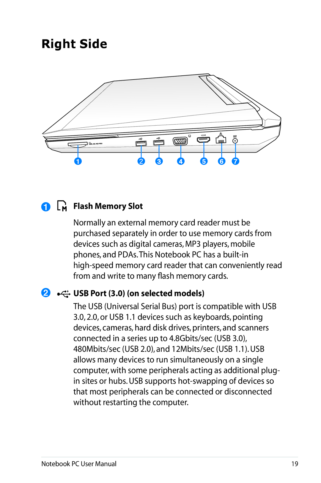 Asus G74SXDH733D user manual Right Side, Flash Memory Slot, USB Port 3.0 on selected models 