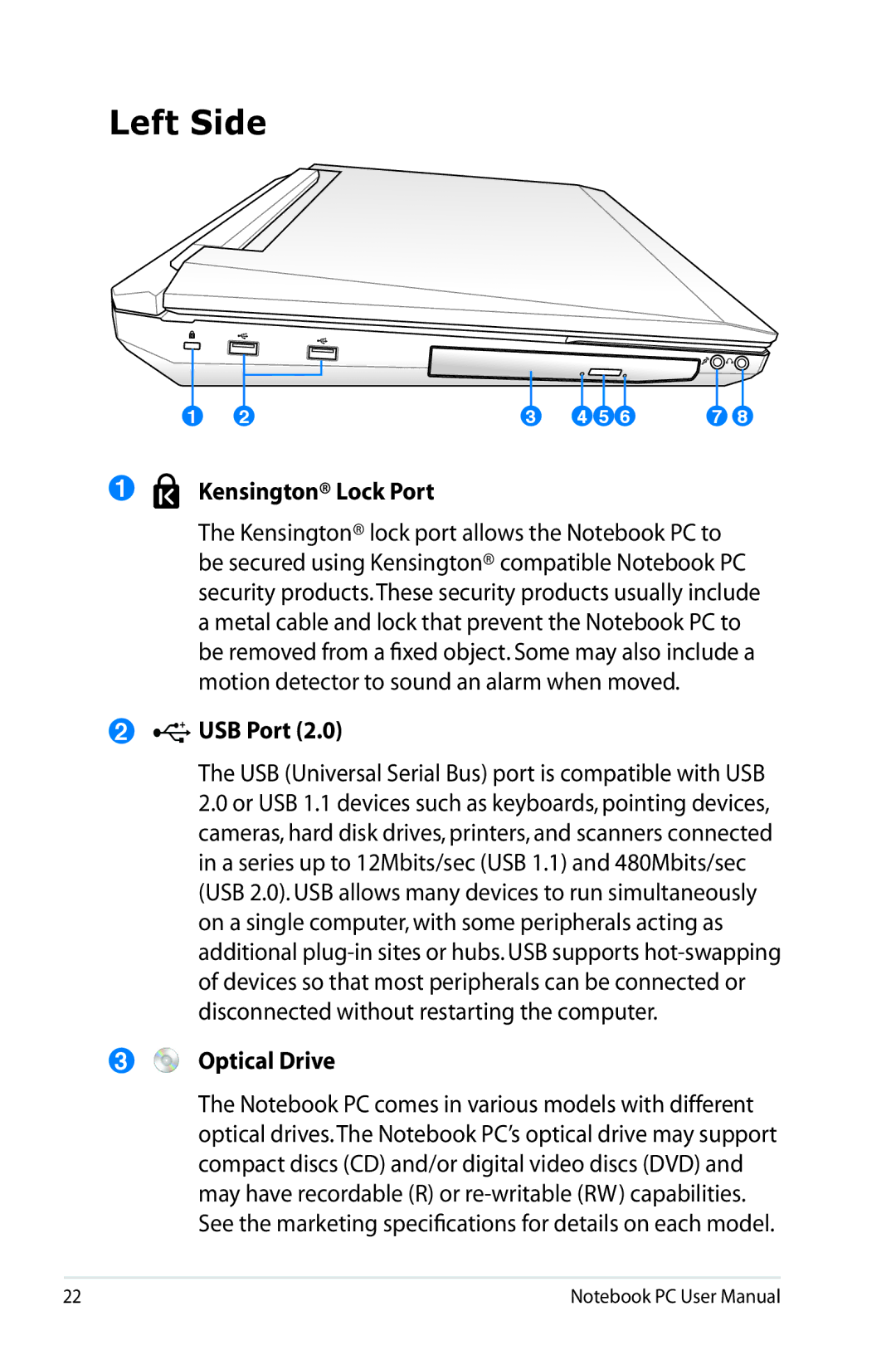 Asus G74SXDH733D user manual Left Side, Kensington Lock Port, Optical Drive 