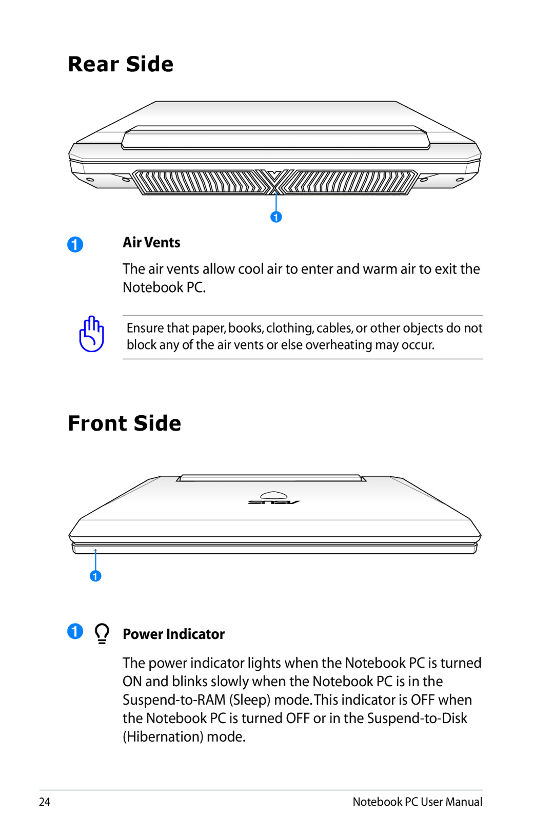 Asus G74SXDH733D user manual Rear Side, Front Side, Air Vents, Power Indicator 