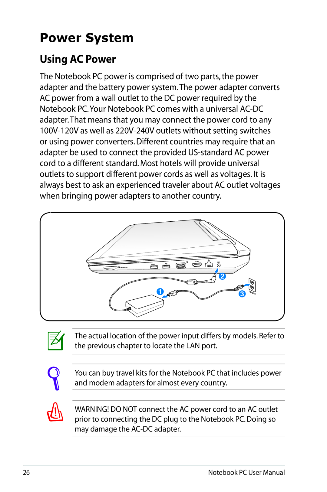 Asus G74SXDH733D user manual Power System, Using AC Power 