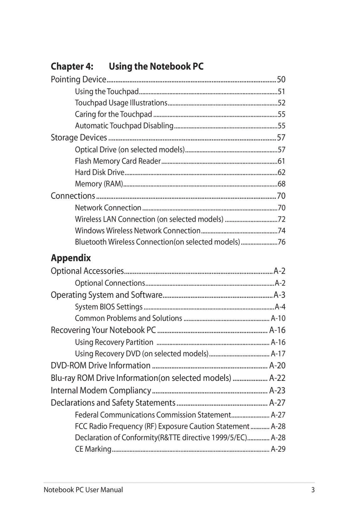 Asus G74SXDH733D user manual Chapter Using the Notebook PC, Appendix 