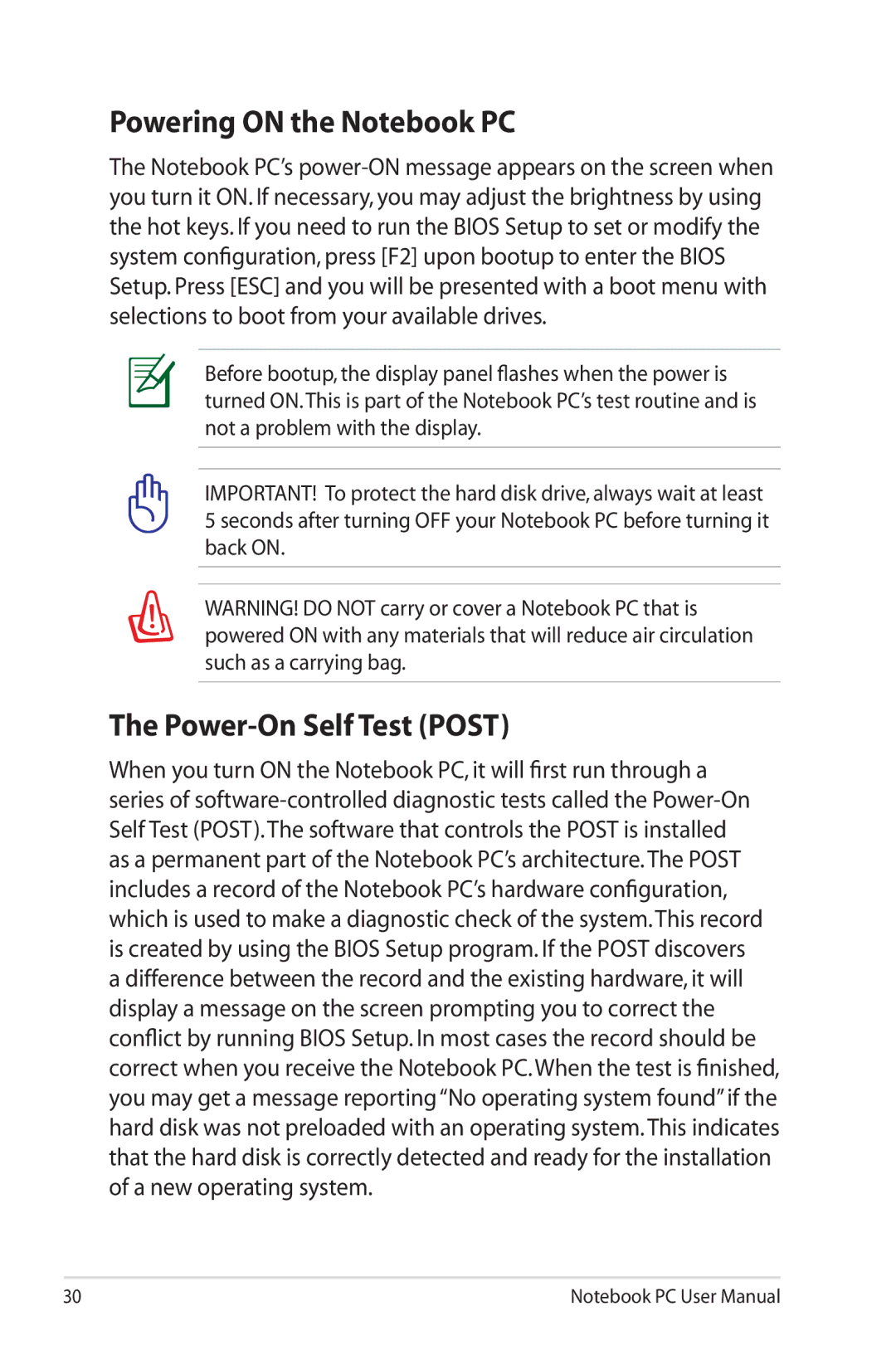 Asus G74SXDH733D user manual Powering on the Notebook PC, Power-On Self Test Post 