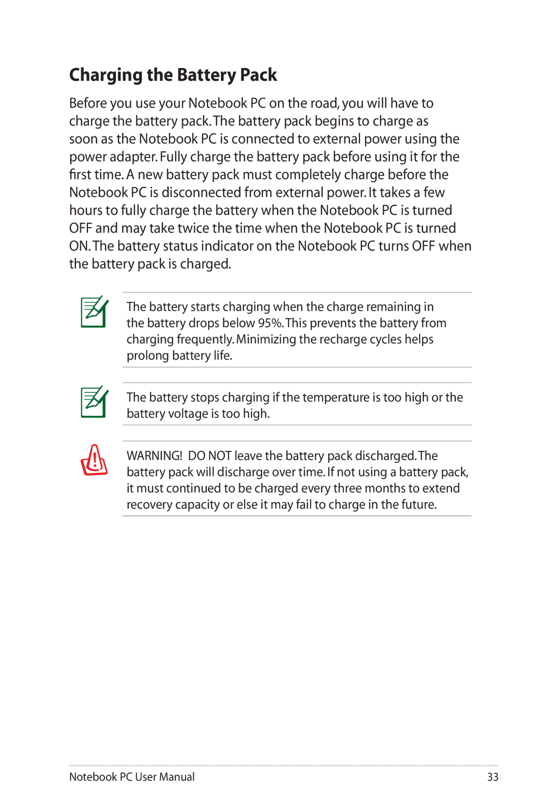 Asus G74SXDH733D user manual Charging the Battery Pack 