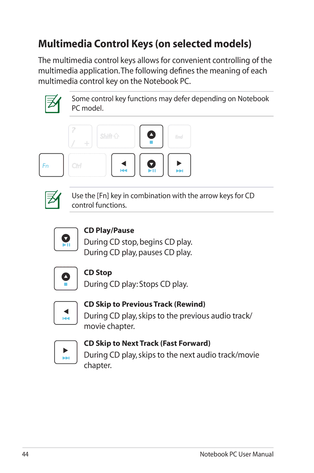 Asus G74SXDH733D user manual Multimedia Control Keys on selected models, During CD play Stops CD play 