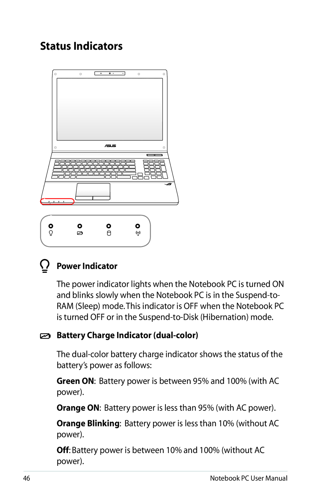 Asus G74SXDH733D user manual Status Indicators, Battery Charge Indicator dual-color 