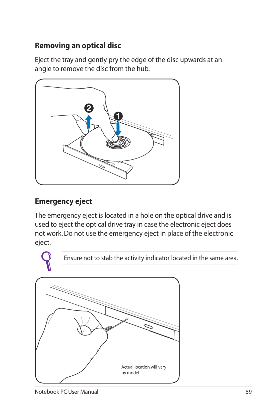 Asus G74SXDH733D user manual Removing an optical disc, Emergency eject 