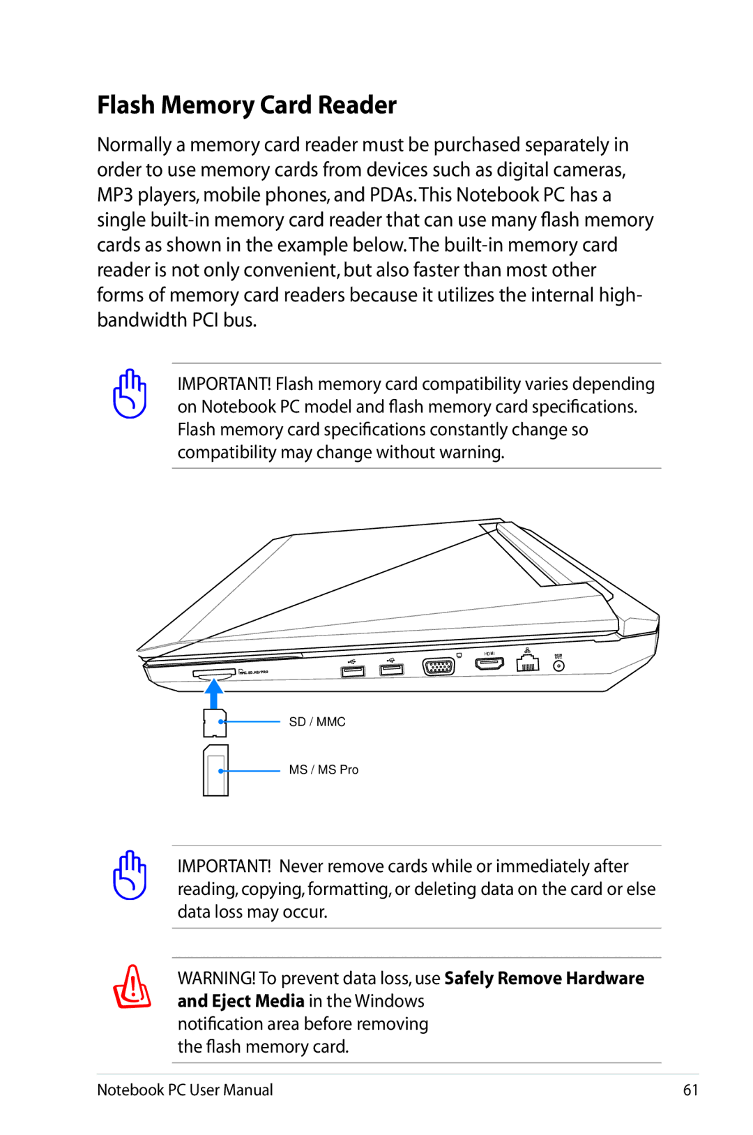 Asus G74SXDH733D user manual Flash Memory Card Reader 