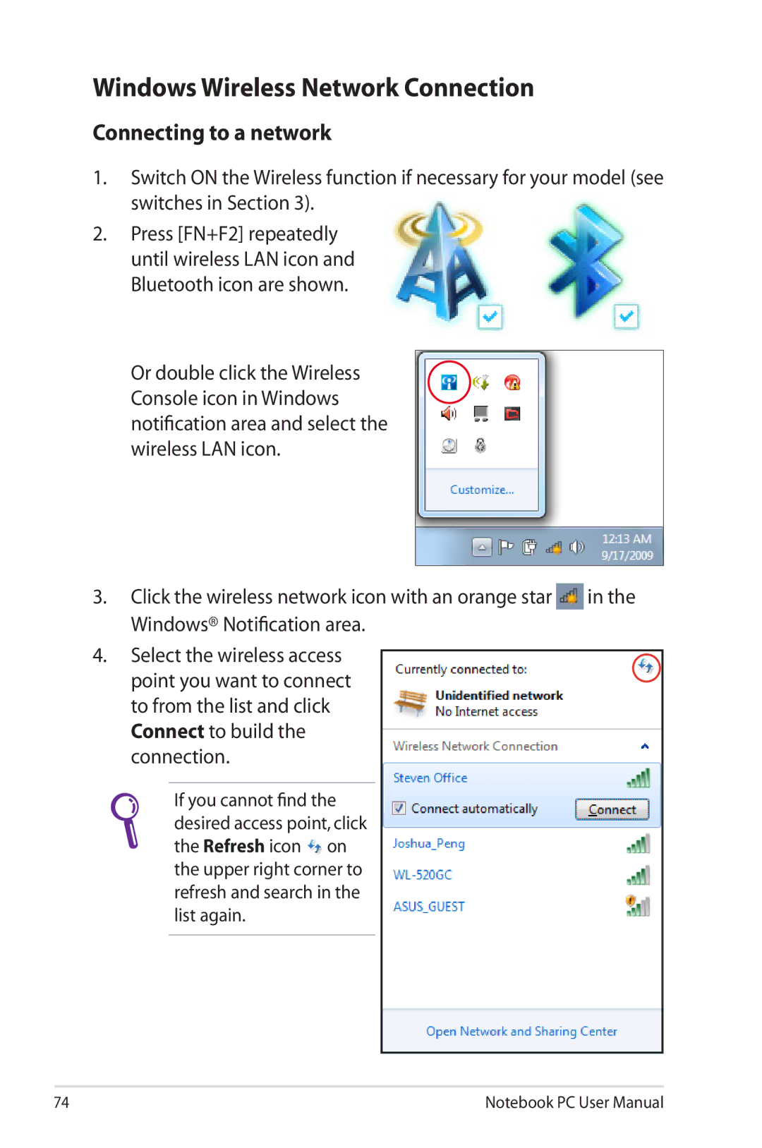 Asus G74SXDH733D user manual Windows Wireless Network Connection, Connecting to a network 