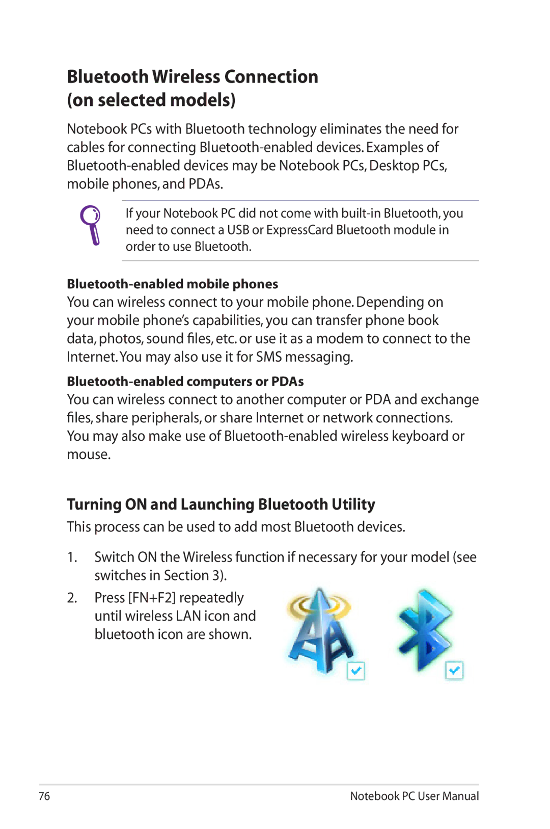 Asus G74SXDH733D user manual Bluetooth Wireless Connection on selected models, Turning on and Launching Bluetooth Utility 