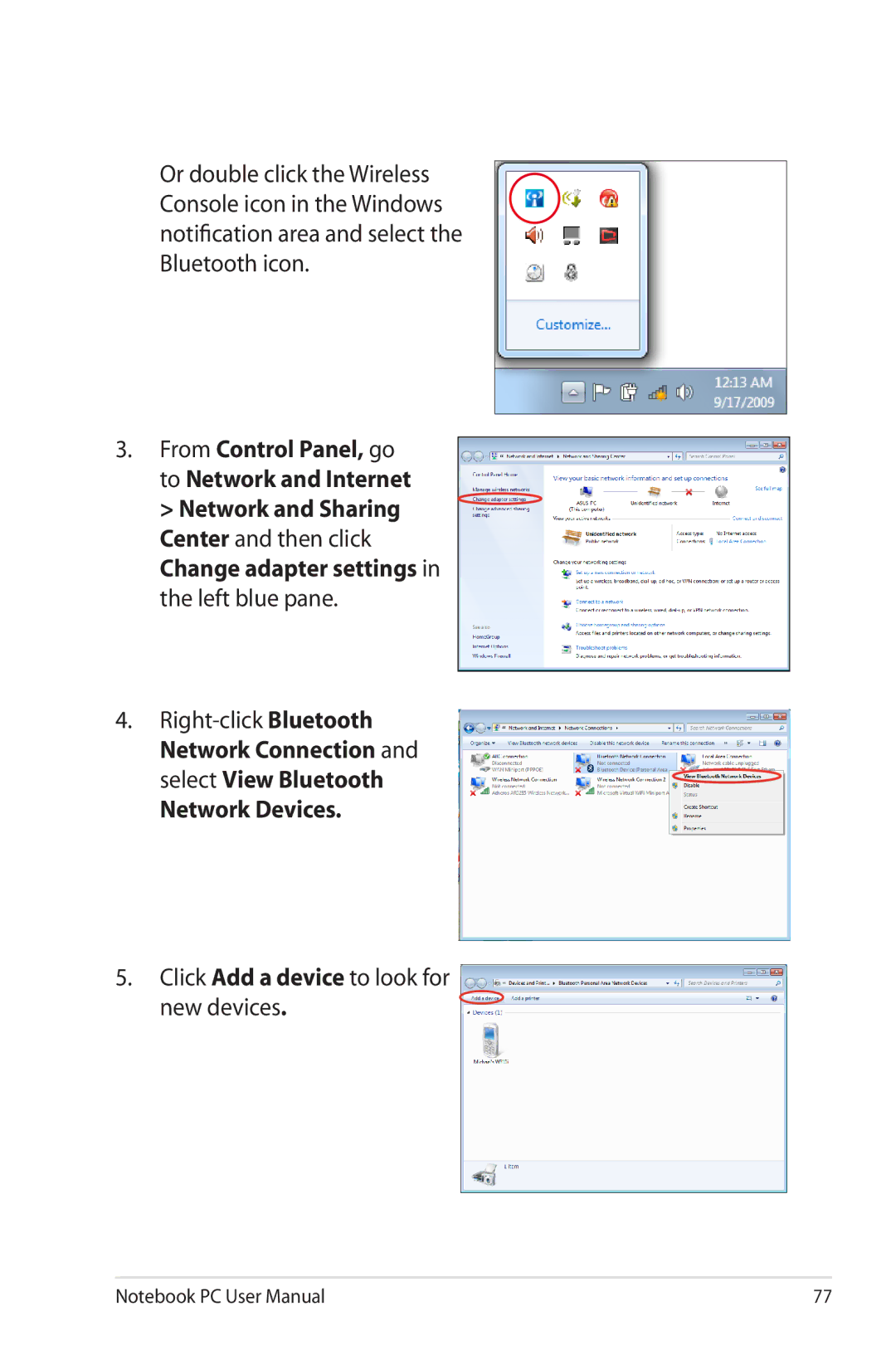 Asus G74SXDH733D user manual Select View Bluetooth Network Devices, Click Add a device to look for New devices 