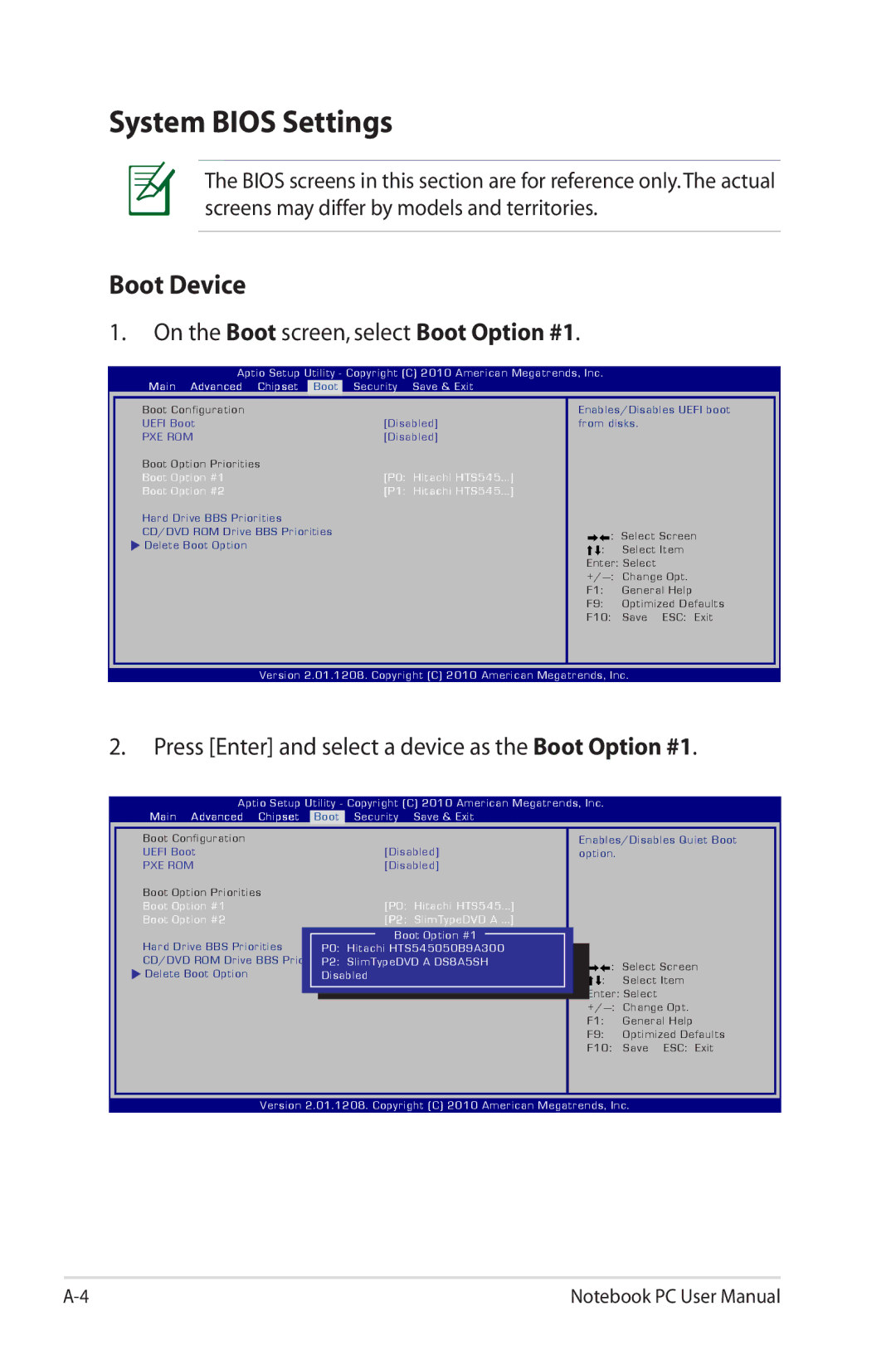 Asus G74SXDH733D user manual System Bios Settings, Boot Device, On the Boot screen, select Boot Option #1 