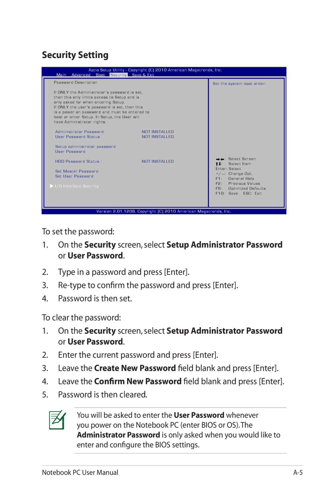 Asus G74SXDH733D user manual Security Setting, To set the password 